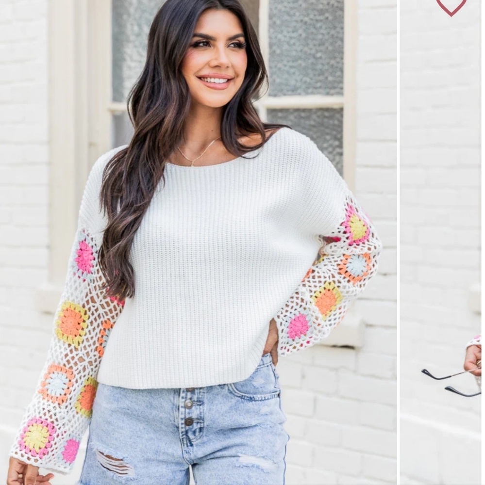 Pink Lily Crochet Square Grannycore Statement Sleeve Sweater Size Medium